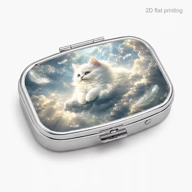 1pc, 2D Flat, Cloud Feather White Cat Pattern, Daily Travel Portable Pill Box, Square Moisture-Proof Small Medicine Box, Multifunctional Storage Box for Vitamins And Supplements, Small Jewelry Organizer, Waterproof Pill Organizer, Holiday Gift