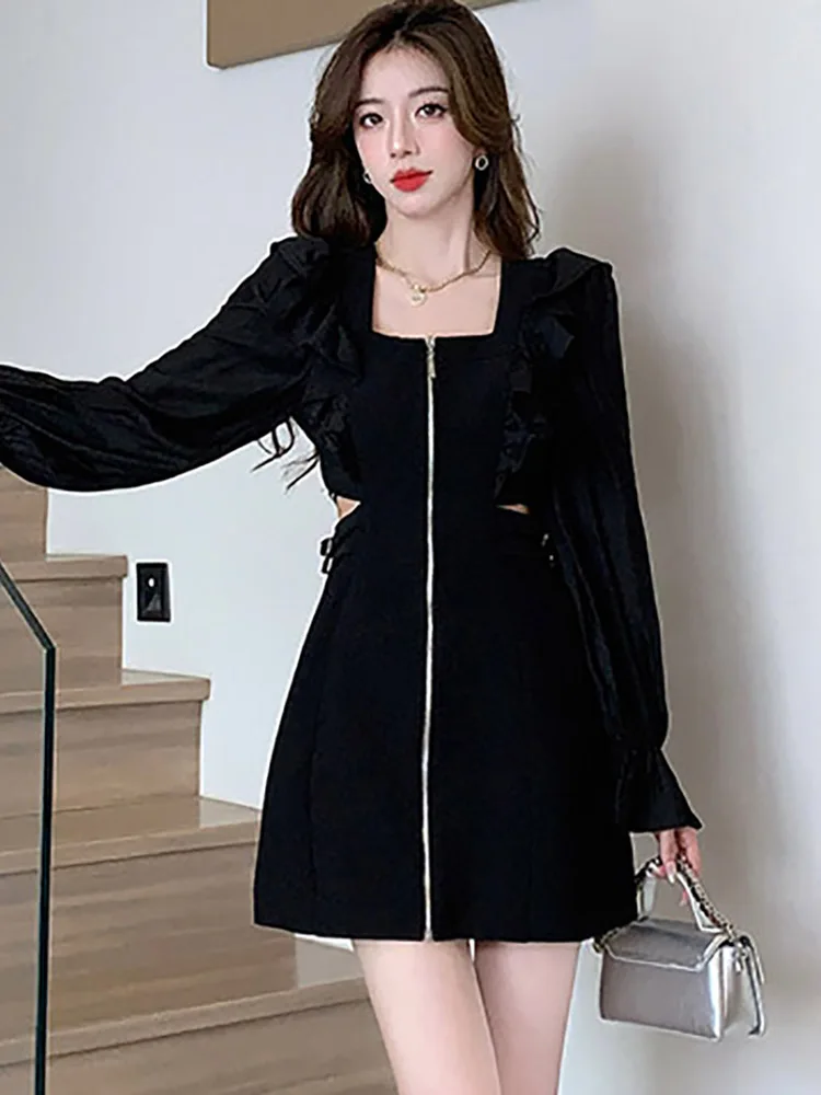 Black Chic Ruffled Elegant Hollow Out Sexy Dress for Women Autumn Winter Fashion Bodycon Prom Dress 2024 Korean Vintage Vestidos