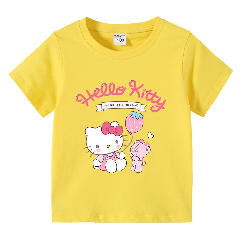 

Детская футболка с короткими рукавами и принтом Hello Kitty, хлопковая модная футболка с принтом для родителей и детей, с круглым вырезом и короткими рукавами