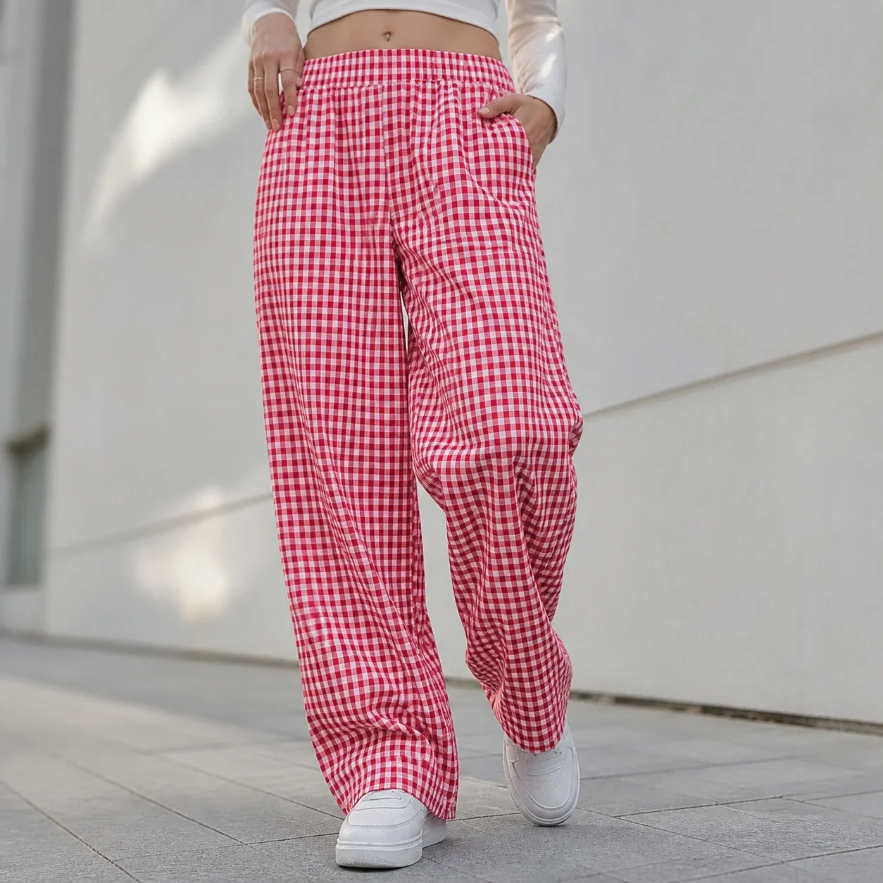 Women's Y2K Checkered Cotton Loose Fit Elastic Waist Woven Pants for Urban Streetwear Female Clothing Women Clothes Women's And