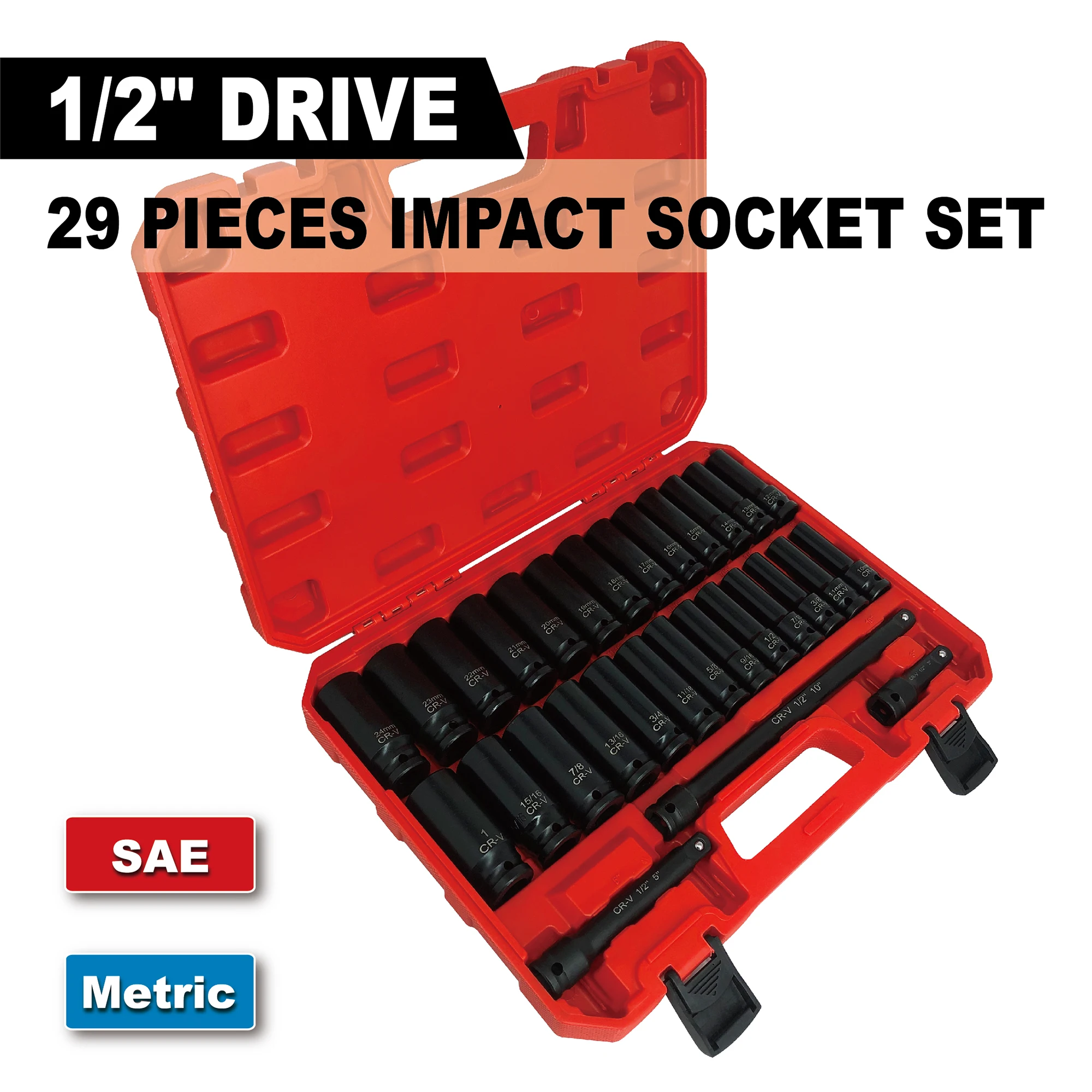 

29pcs 1/2" Socket Set Drive Deep Impact Socket Set with SAE and Metric CR-V