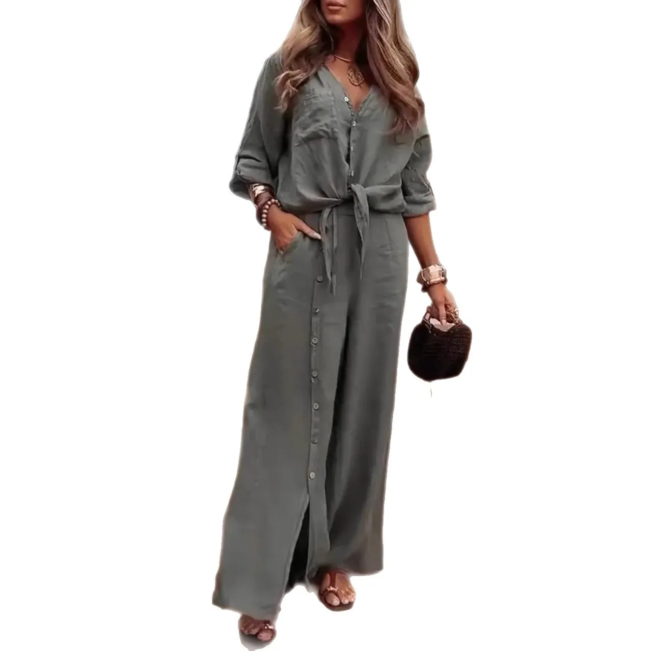 2025 Women's Spring Casual V-neck Irregular Top Wide Leg Button Design Pants Two Piece Set