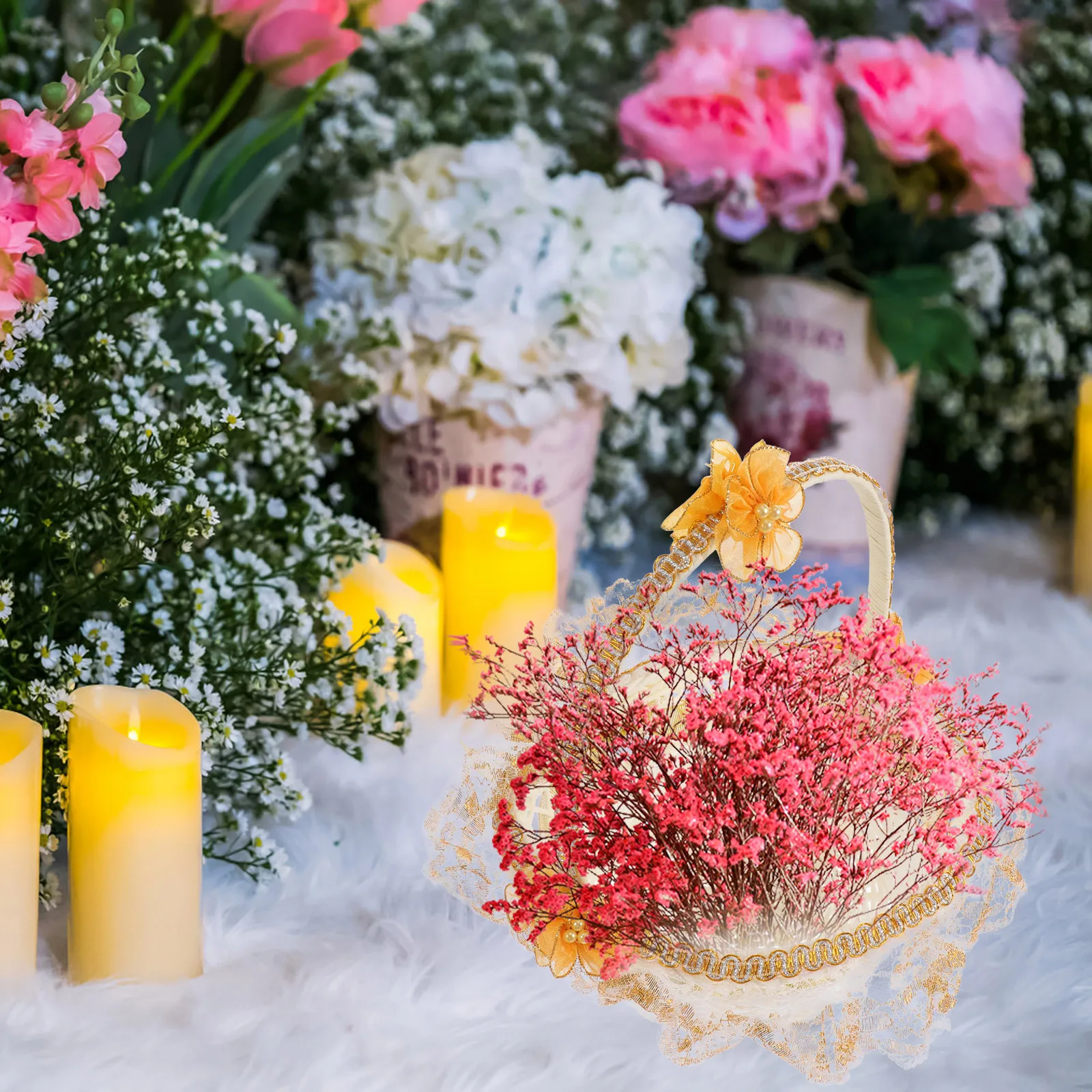 

1pc Elegant Wedding Lace Baskets Handheld Decorative Portable Flower Holders For Bridal Party Banquet Golden Colorful Candies