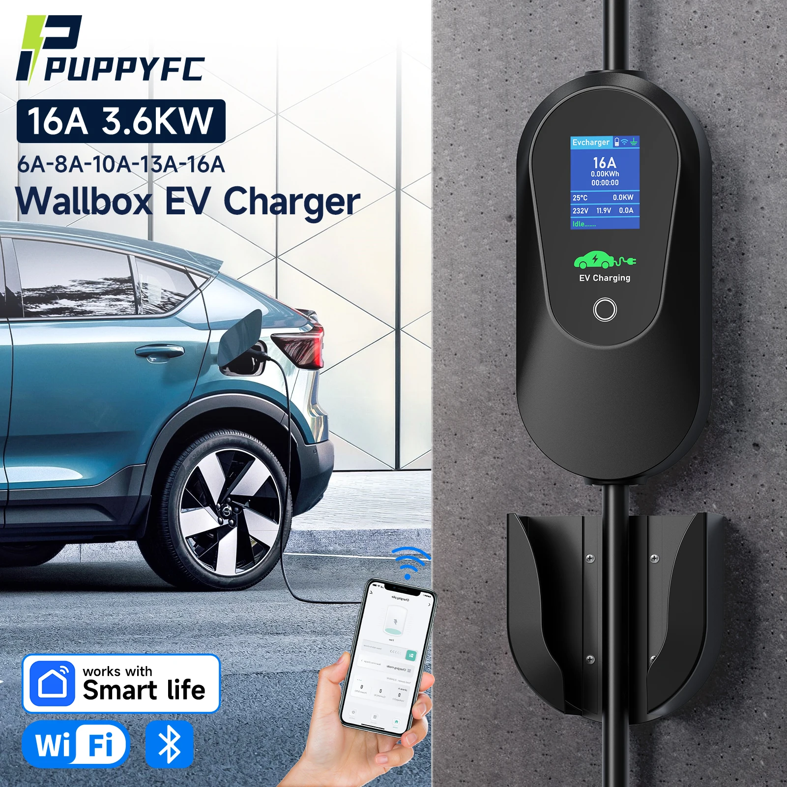 

Puppyfc Type1 WiFi Electric Car Charger 3.6KW 16A 1Phase Type2/GBT Plug Portable EV Charger Fast Charging Wallbox with Cable