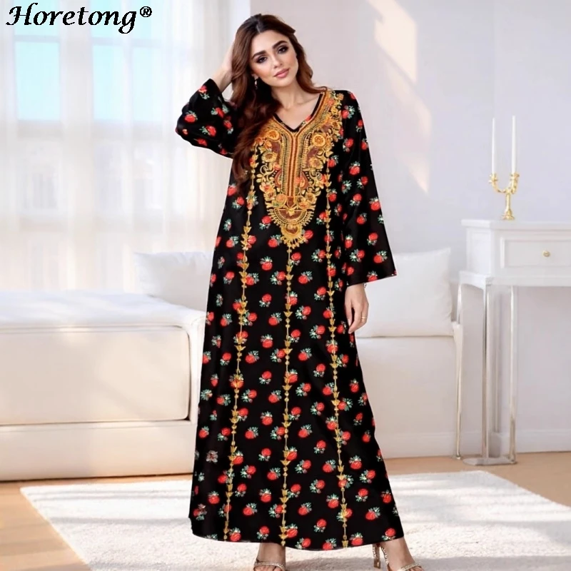 

Horetong 2026 New Floral Print V Neck Long Sleeve Loose A Line Maxi Dress Front Panel Elegant Modest Muslim Abaya Ramadan Eid