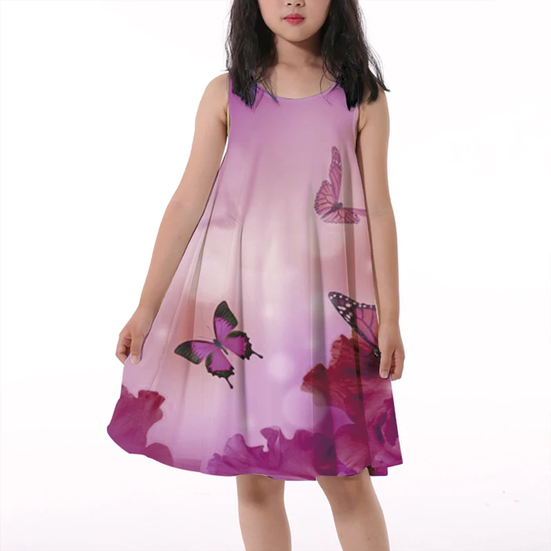 Children's Clothing Butterfly Round Neck Sleeveless Dress Off Shoulder Knee Length