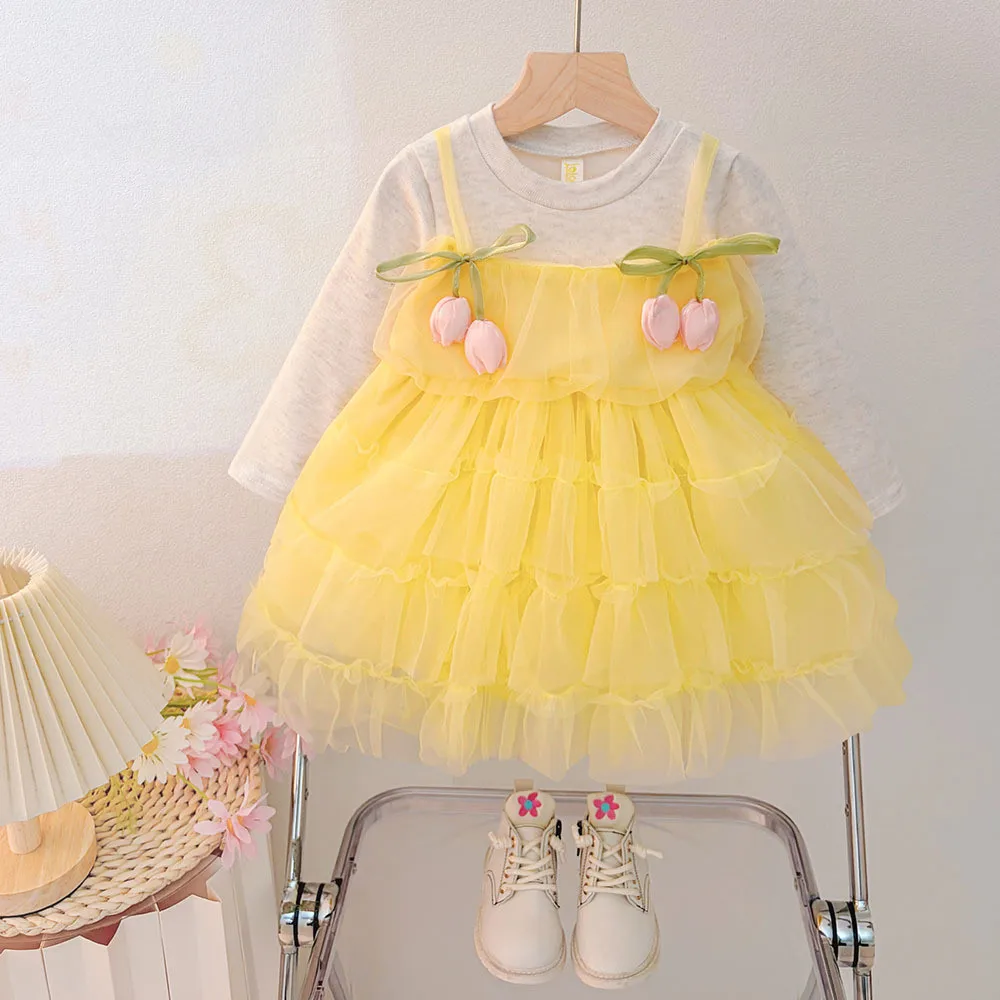 Korean Version Autumn New Style 1-3 Year Old Baby Girl Long Sleeved Patchwork Mesh Fake Two-piece Princess Dress Cute
