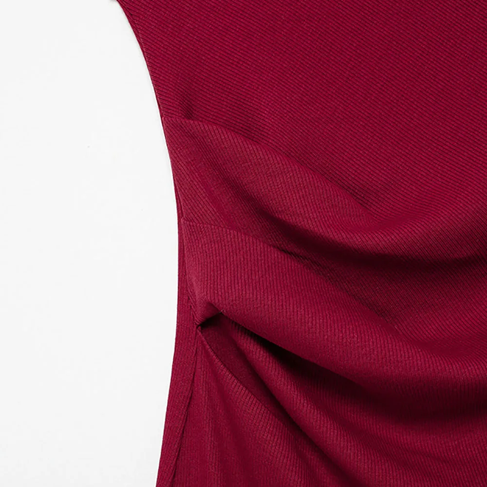 Women Fashion Solid Pleated Slim Fits Midi Dress Vintage O-Neck Sleeveless Female Chic Lady Dresses