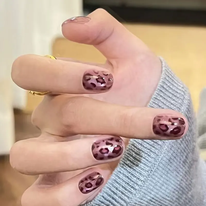 10 Stück Französischer Stil Leopardenmuster mit Katzenaugen-Effekt Aufklebbare Nägel Kurze Ovale Form Hochwertige Nagelspitzen Maniküre-Aufkleber Nagelkunst – Detail 11
