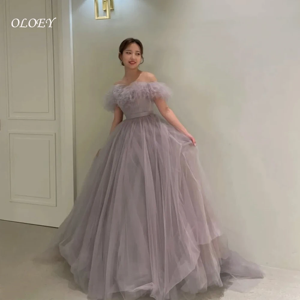 OLOEY الجنية الأرجواني تول فساتين الزفاف صورة تبادل لاطلاق النار قبالة الكتف الطية فستان زفاف ألف خط أنيقة سويب تراين فساتين السهرة