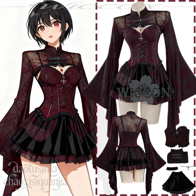 فستان Jirai Kei Gothic قصير أحمر أسود مخملي بحزام شبكي عنكبوت تصميم أصلي للفتيات ملابس أنشطة الهالوين وأعياد الميلاد