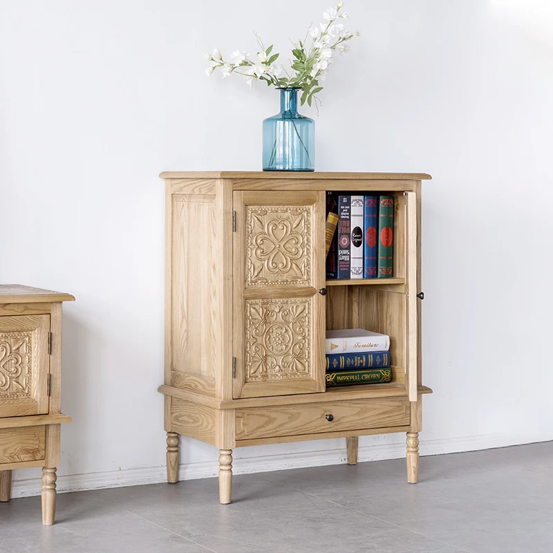 

Vintage rural solid wood double door carved drawer, TV side cabinet, fresh oak bucket cabinet, storage cabinet