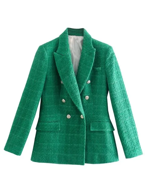 2023 Spring Women Traf Jacket Ornate Button Tweed Woolen Coats Female Casual Thick Green Blazers Blue Outerwear