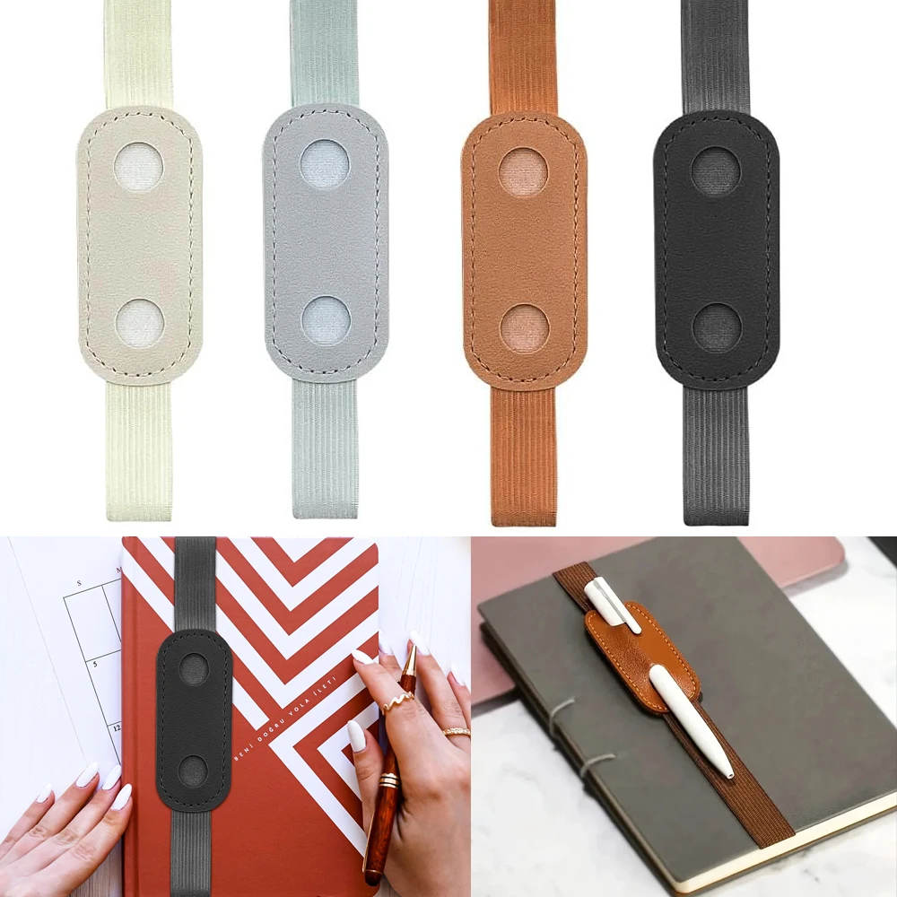 1pc PU Leather Pen Notebook Holder Bookmark with Adjustable Elastic Band Detachable Leather Pen Pouch for Office Laptop Clip