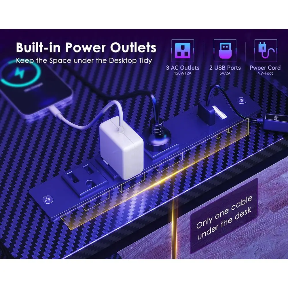 مكتب ألعاب على شكل حرف L قابل للعكس مع منافذ USB وأضواء LED وأرفف تخزين وحامل شاشة - مكتب ألعاب زاوية سوداء مع Po