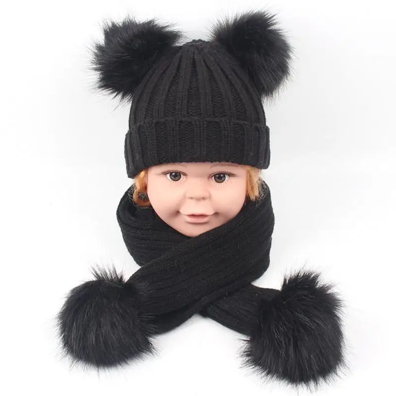 R1WE طفل أطفال شتاء دافئ مضلع قبعة متماسكة قبعة مع طقم أربطة عنق طويلة بلون لطيف مزدوج بوم بوم الأذن مكبل قبعة الجمجمة #4