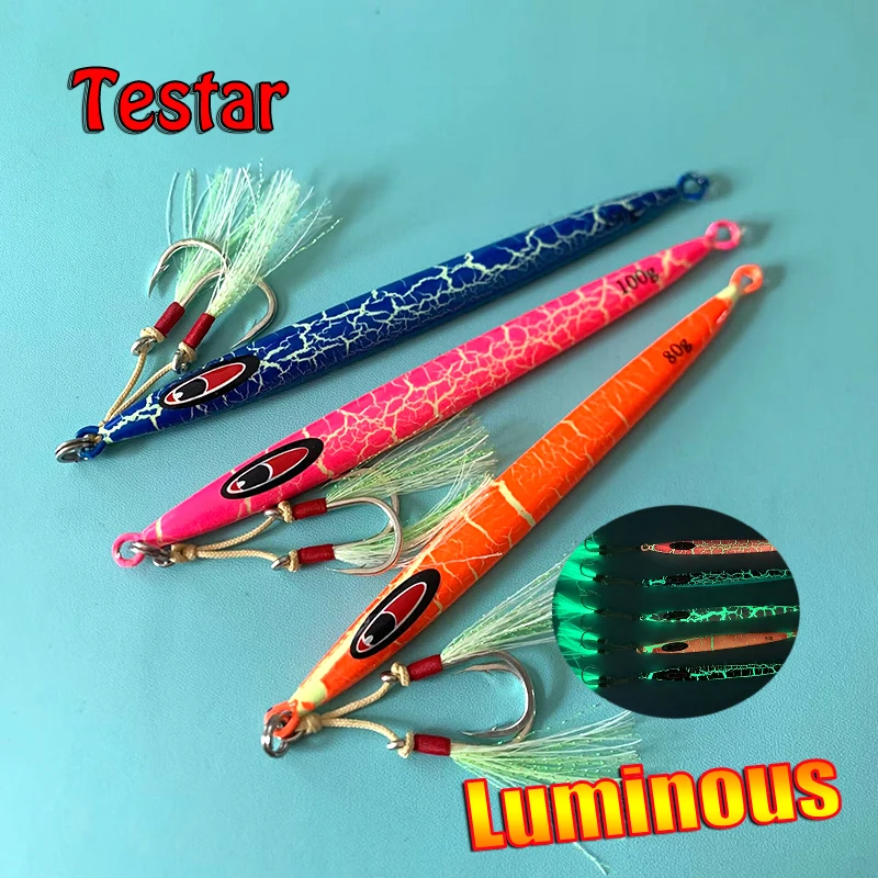 

Приманки для рыбной ловли Testar, дневной джиг 80 г 100 г 120 г 150 г, джиггинг, светящиеся вертикальные глубоководные свинцовые джигги для ловли тунца