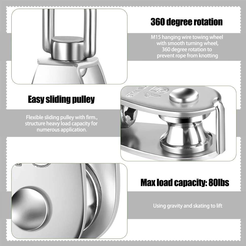 M15 304 Stainless Steel Pulley Lifting Rope Pulley Set Lifting Wheel Tool with M5 Spring Buckle for Hanging Wire Traction Wheel