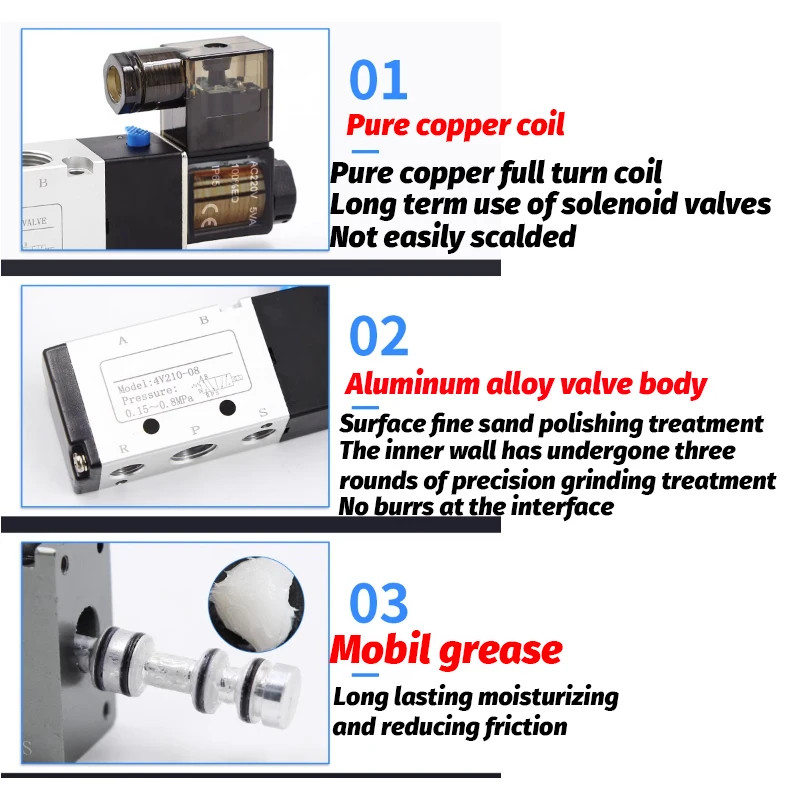 4V210-08 06 Pneumatisches Elektrisches Magnetventil 5-Wege 2-Positionen Luftsteuermagnetventil 4V110-06 4V210-08 4V310-10 4V410-15 – Detail 2