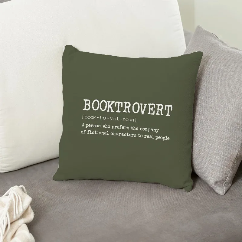 2D Flat - 1pc 2D Flat Printed Pillowcase, Featuring Olive Green Base with BOOKTROVERT Text Style, Vintage Literary Cushion Cover, Suitable for Outdoor Garden Decor