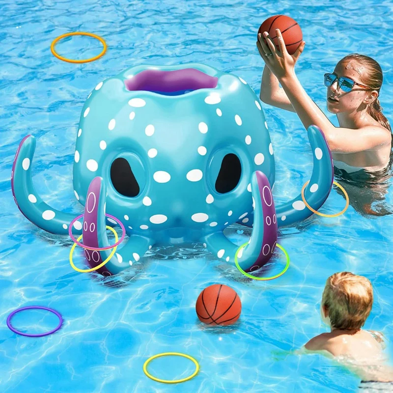 

2-In-1 Inflatable Basketball Hoop Ring Toss Yard Games, Indoor Outdoor Water Play, Spring Summer Octopus Pool Toys