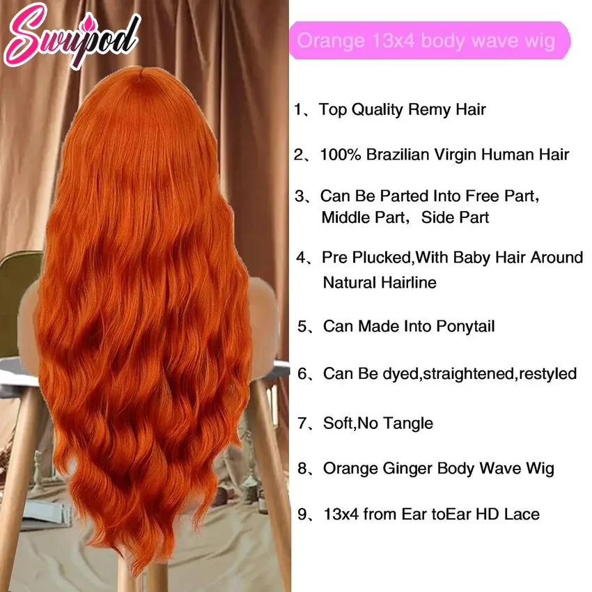 Swupod 13X4 13X6 200 Dichtheid Transparante Hd Lace Pruik Voor Vrouwen Body Wave Remy Human Hair Gember Oranje Kleur Lijmloos