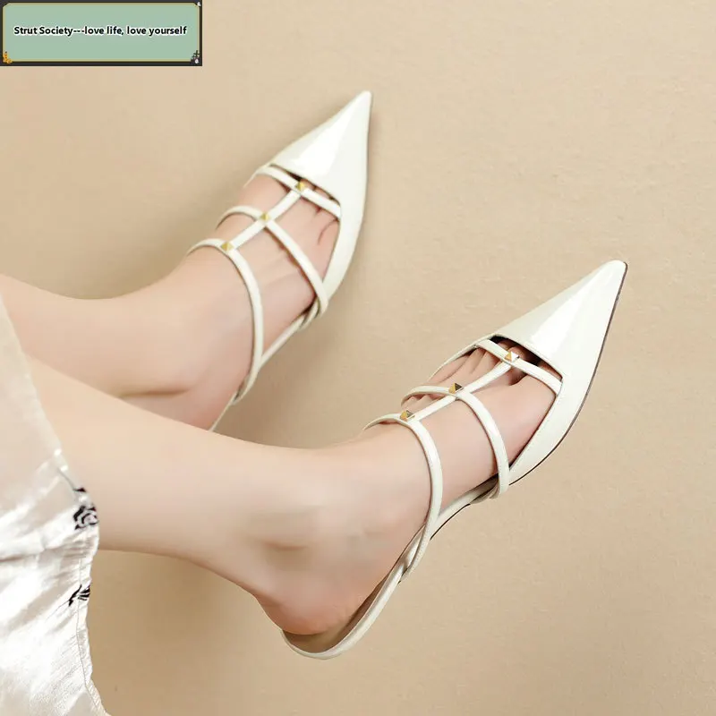 

Fairy-style pointed toe rivet slingback sandals thin strap closed toe open back slippers women's shoes