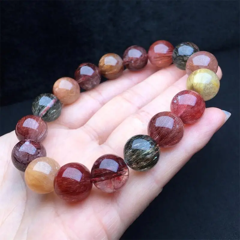 14MM Natural Colored Rutilated Quartz Bracelet Women Men Cool Chakra Bead Reiki Energy Stretch Bangles Wrist Jewelry 1PCS