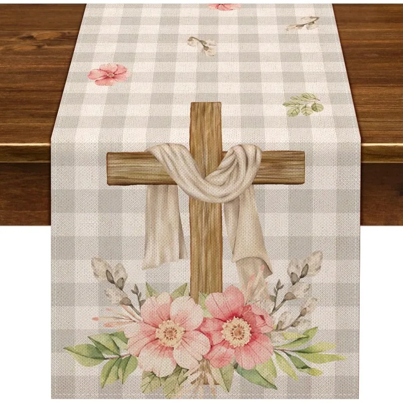 

Nepnuser Table Runner He Is Risen Buffalo Check Easter Christian Cross Spring Flower Floral Home Kitchen Dining Room Decoration