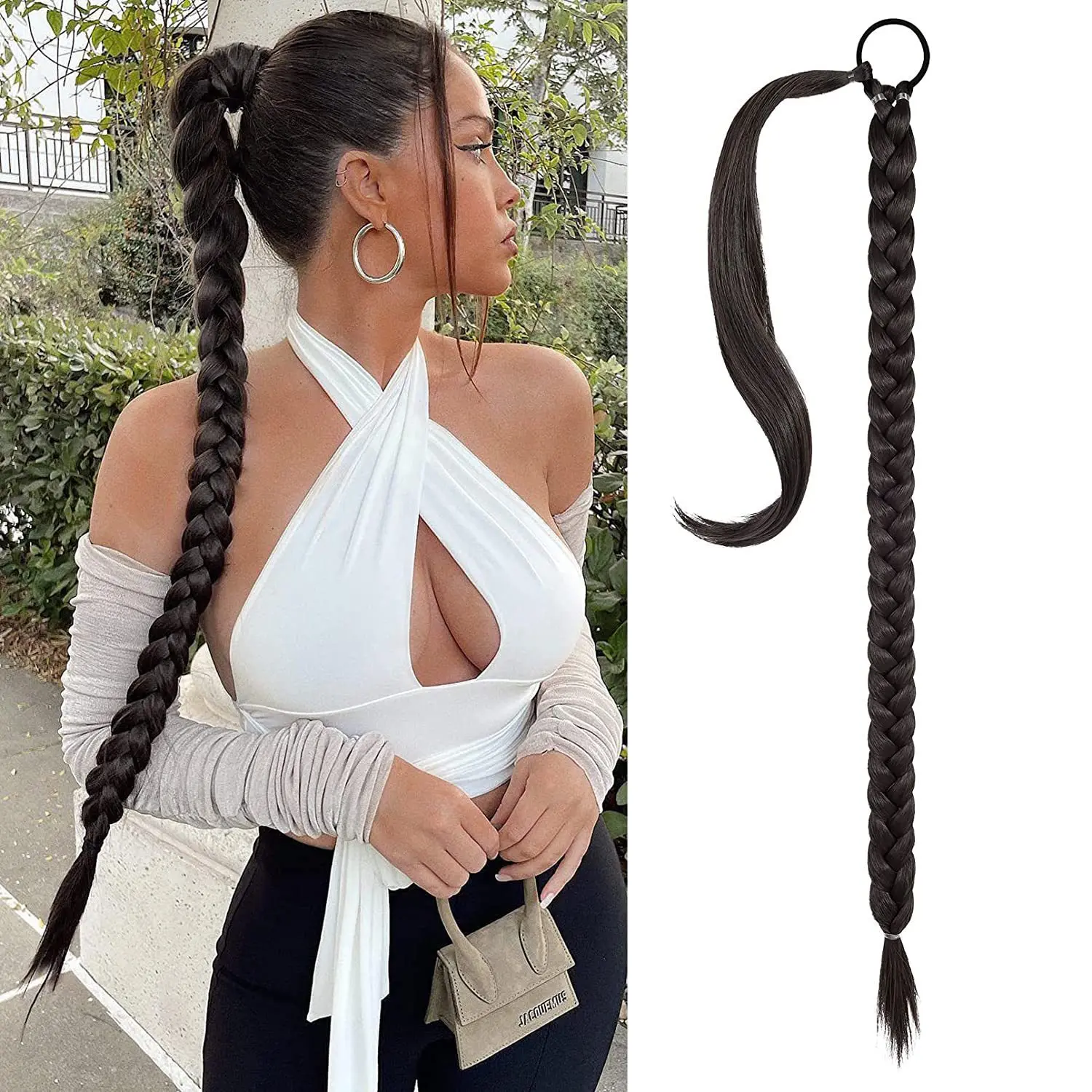 

Long Braided Ponytail Extension with Hair Tie Straight Wrap Around Hair Extensions Ponytail Natural Soft Synthetic Hair Piece