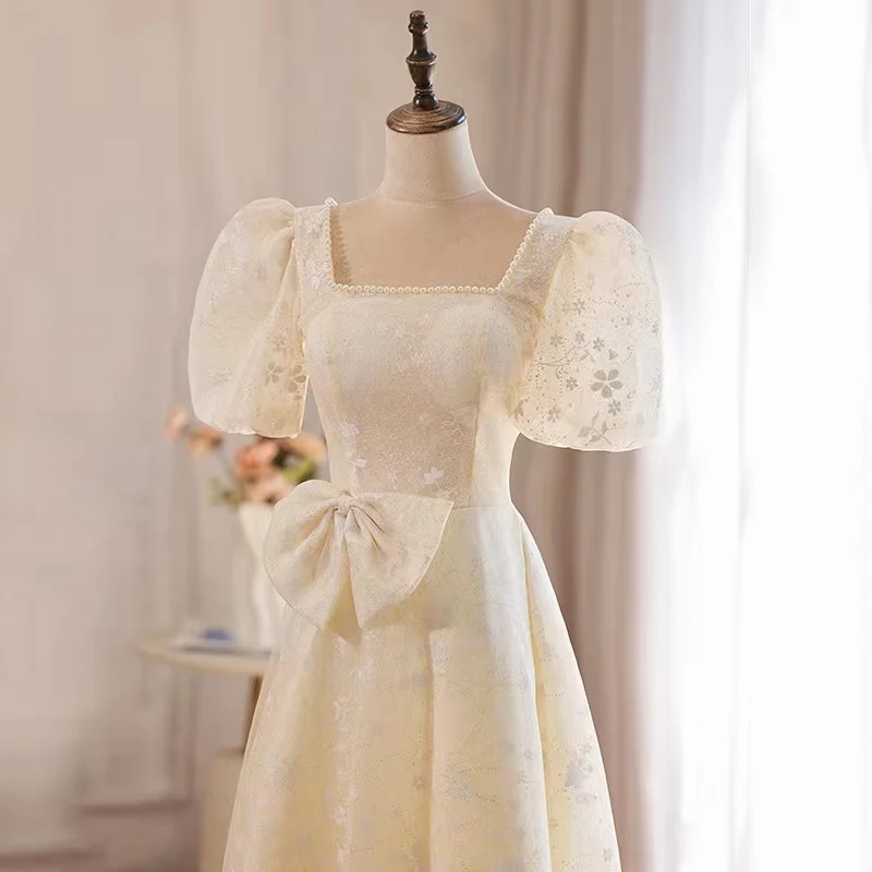 

Romantic French Champagne Bridesmaid Dresses Embroidery Puff Sleeve Square Collar Tulle A-Line Luxury Fluffy Ball Gown For Women