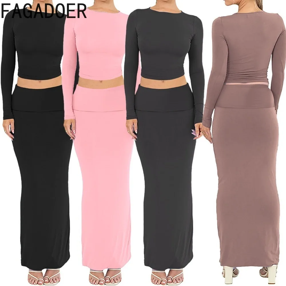 FAGADOER Casual Solid Color Simple Comfortable Two Piece Sets Women Round Neck Long Sleeve Crop Top + Skinny Skirts Outfits 2024