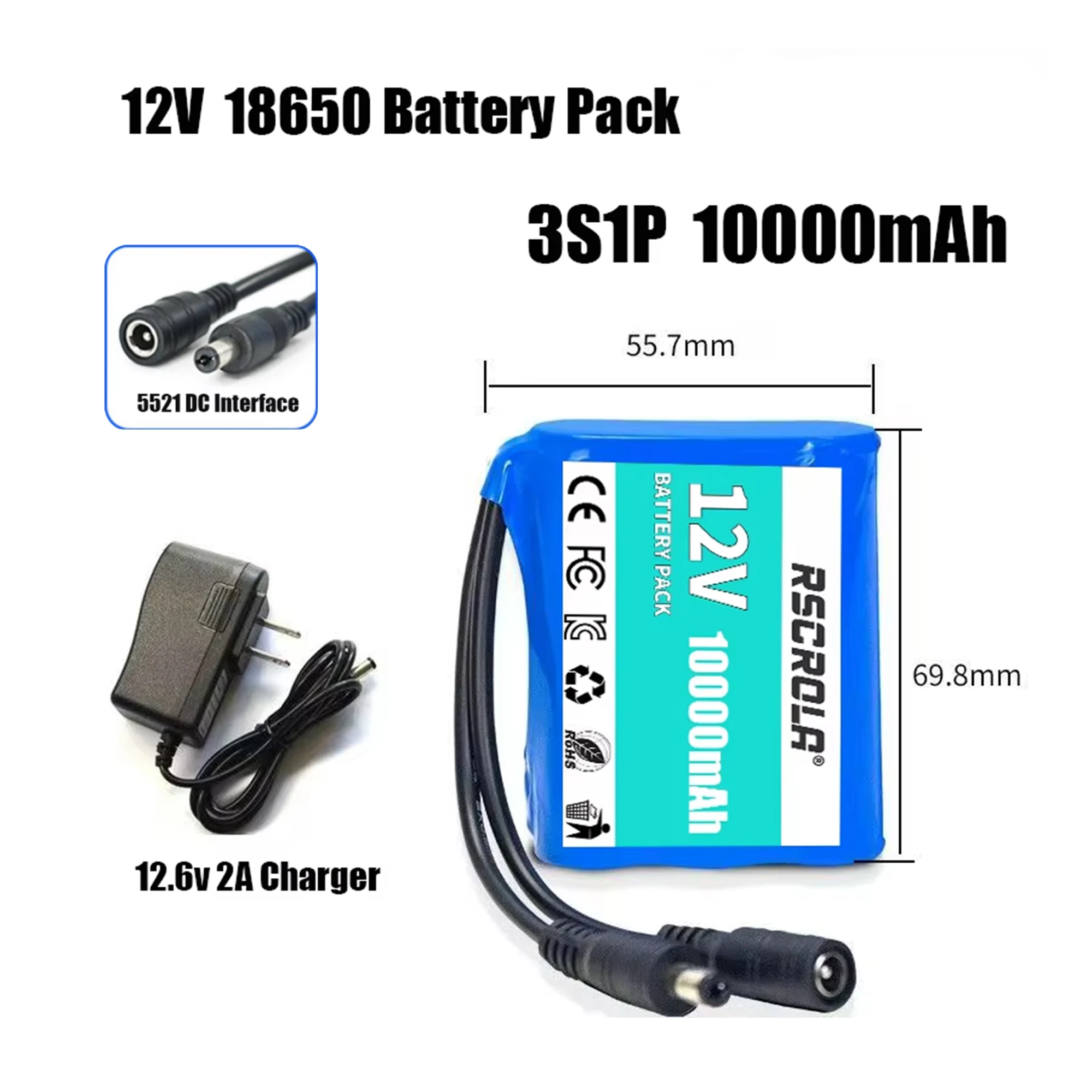 12V 10000mAh 100% New 3S1P Protection Plate 12V 10Ah Battery Pack 18650 Lithium Ion DC 12.6V Super Rechargeable Battery + Charge
