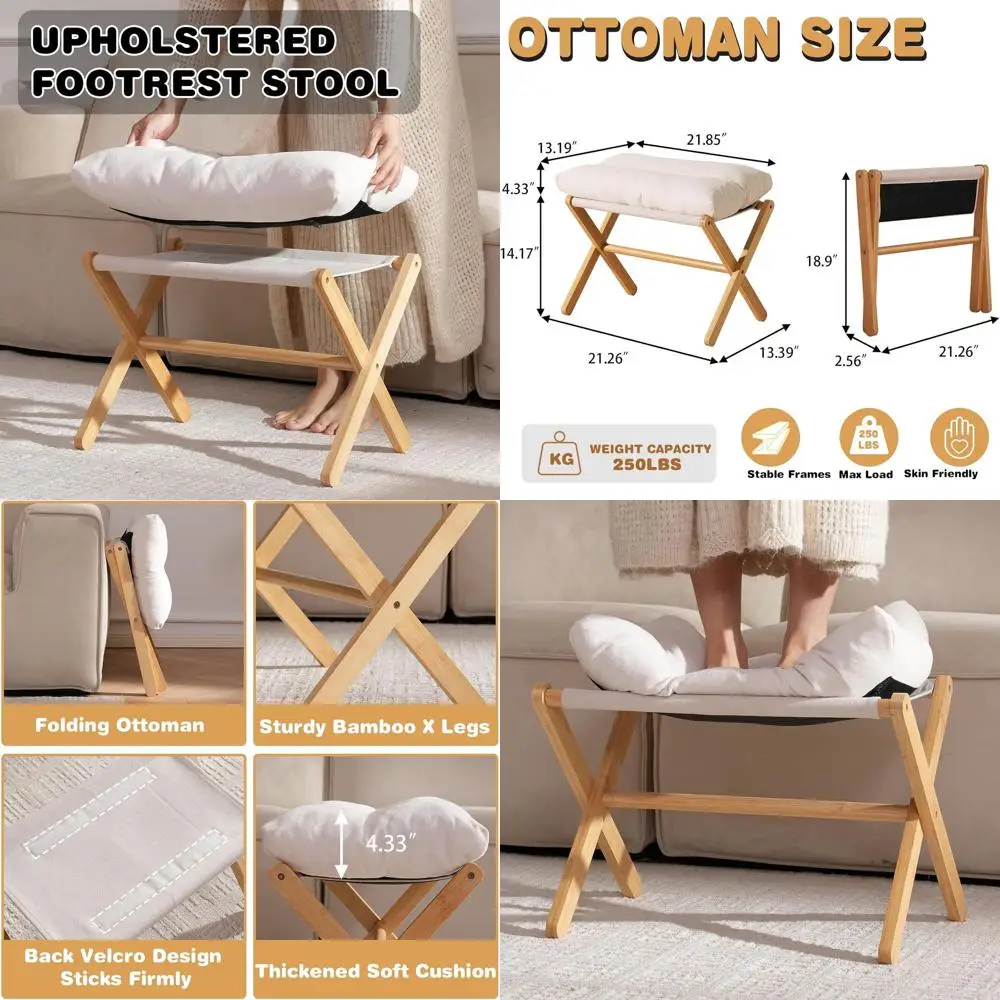 

Bamboo Upholstered Ottoman Stool - Foldable Footrest with X-Legs for Living Room, Bedroom, and Makeup Use (Large Beige)