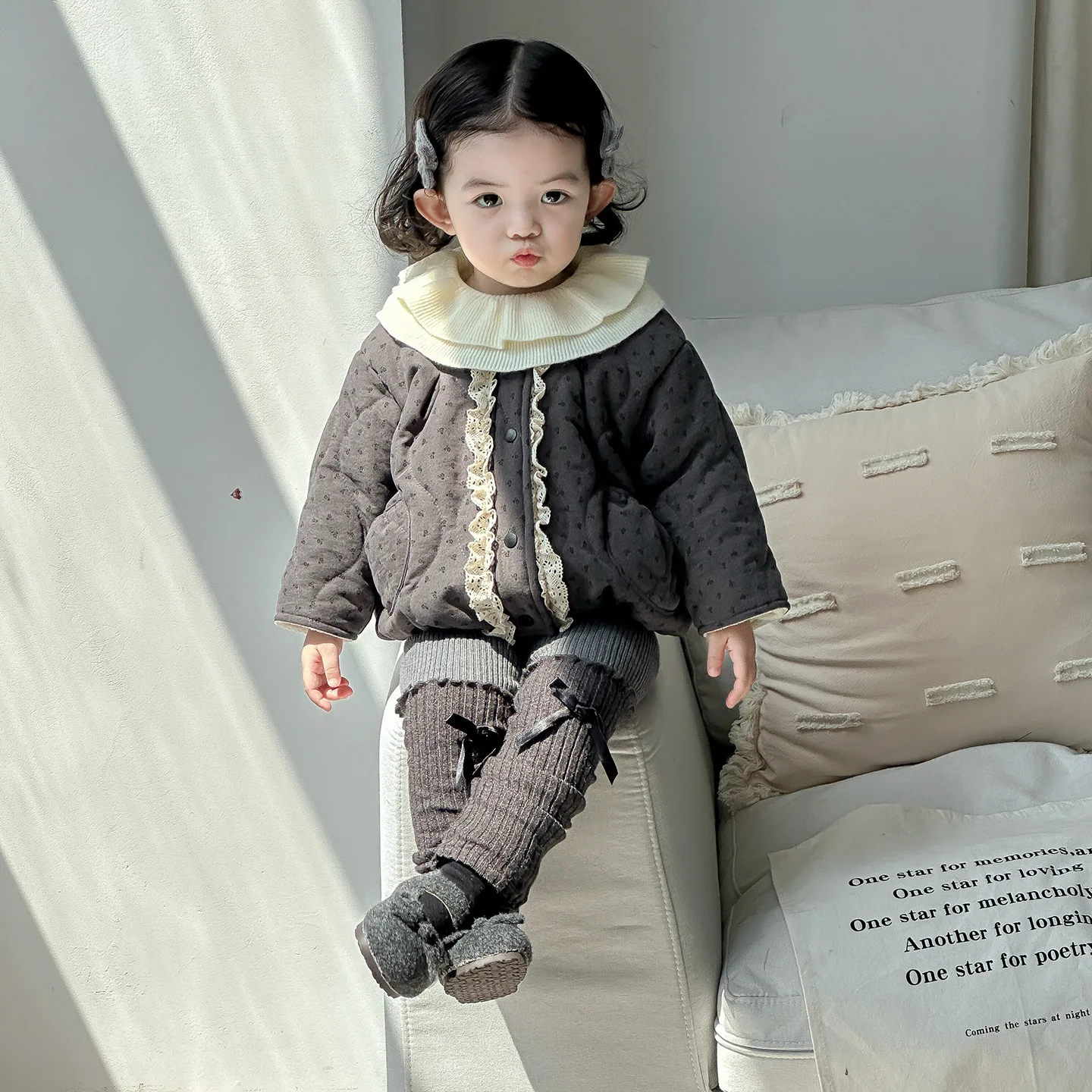 

Childrens Girl Set Lace Ruffle Collar Solid Kid Girl Sweater Thick Warm Toddler Girl Down Jacket Mid Waist Toddler Girl Leggings