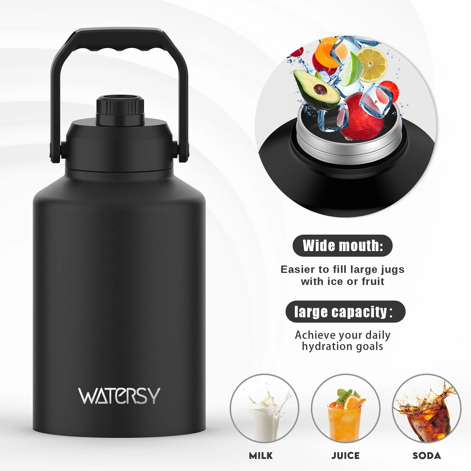 Watersy 64/128oz Insulated Water Bottle Large-capacity Stainless Steel Thermos with Lift Hands & Bag Outdoor Camping Family Trip