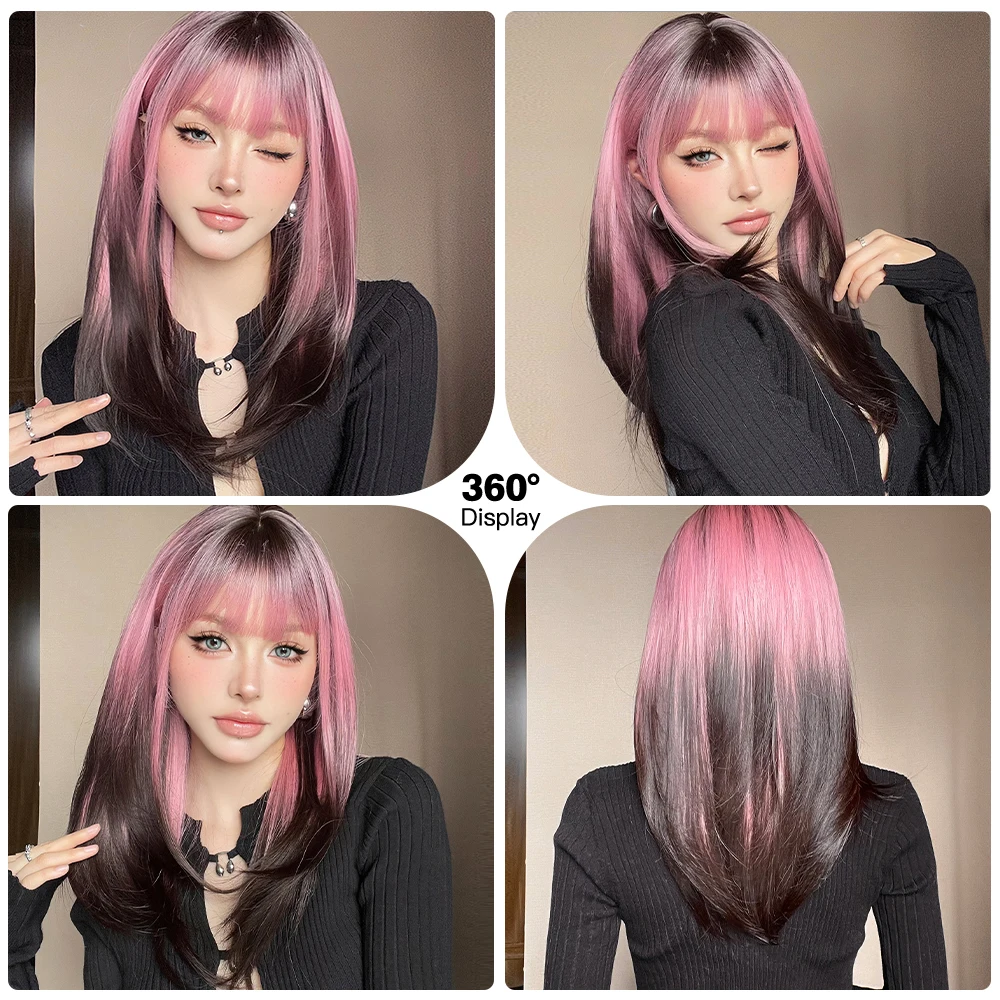 Long Straight Layered Wigs with Bangs Ombre Black to Pink Purple Synthetic Wig Cosplay Lolita Wig for Women Heat Resistant Fiber