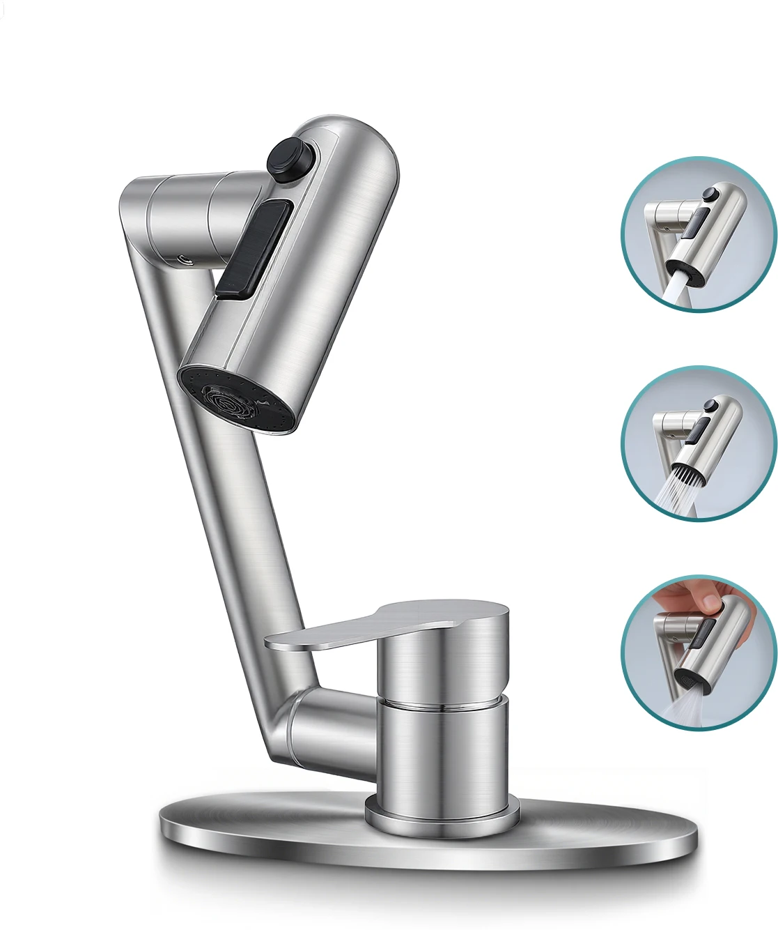 080° Rotating Kitchen Faucet with Pull Down Sprayer, 3 Water Modes Stream Shower Sweep, Single Handle Hot and Cold Mixer Tap, An