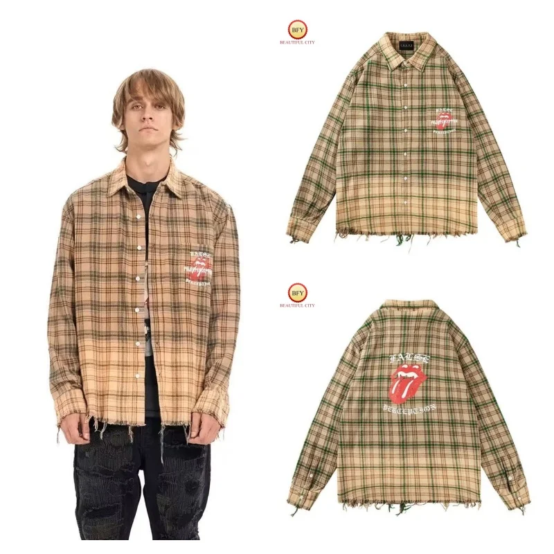 

Brown 25SSFalse Perception Faded Washed Distressed Shirt Cracked Texture Bloodstained Long-sleeved Shirt
