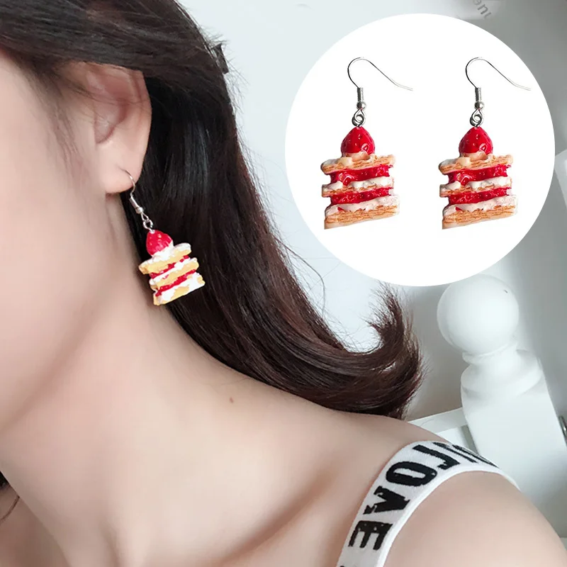 Fashion Women Strawberry Cake Earrings Resin Handmade Girl Sweet Funny Creative Cartoon Cake Food Drop Earring Ear Jewelry Gifts