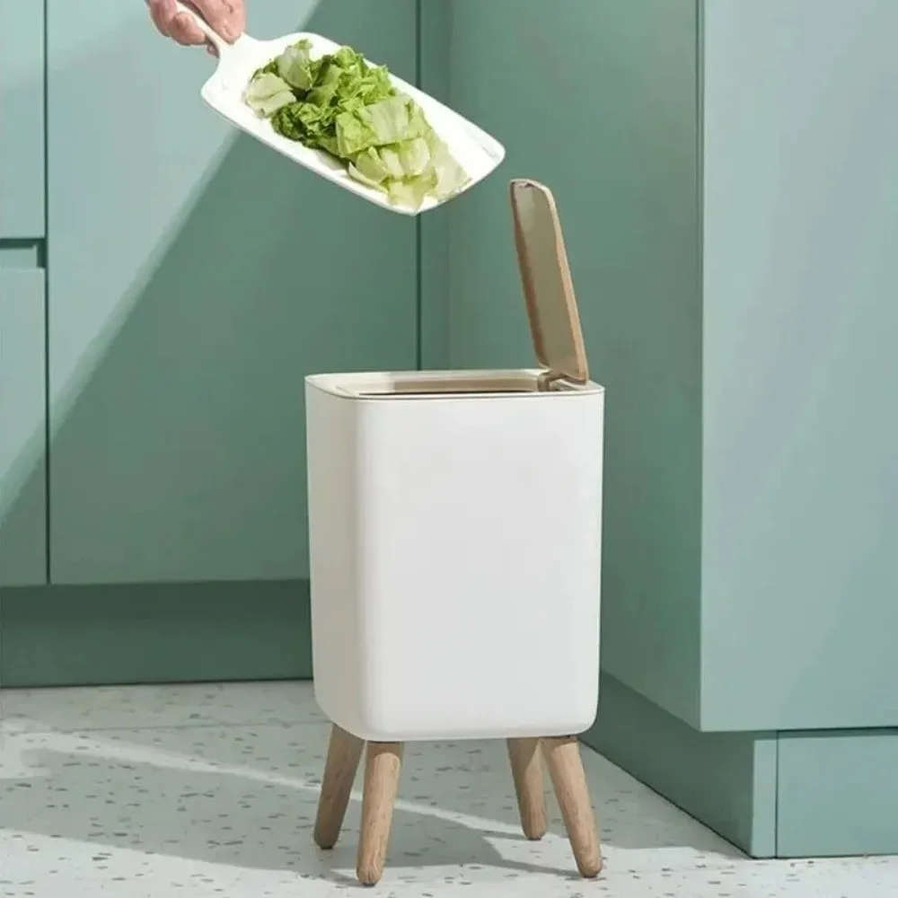 

Creative 10L Capacity Trash Can Wood-Like Design Modern Creative Press Dustbin with Lid High Foot Wooden Trash Bin Bathroom