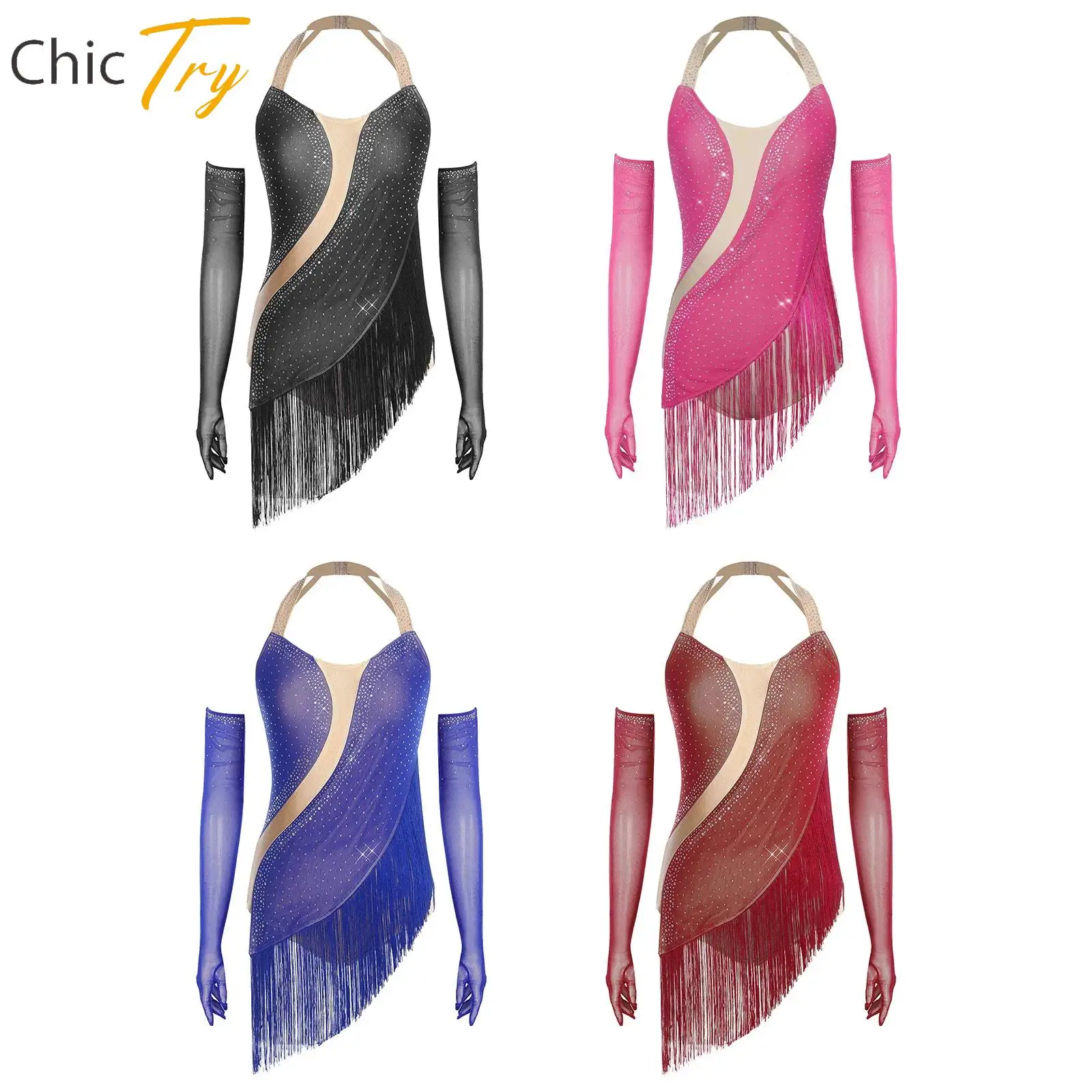 

Womens Latin Dance Performance Costume Tango Cha-cha Samba Dancewear Halter Backless Rhinestone Tassel Bodysuit+Gloves Outfits