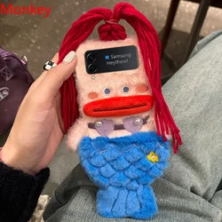 3D Cute Plush Mermaid Girls Gift Phone Case For Samsung Galaxy Z Flip 3 4 5 6 Case 1 2 Flip5 flip3 Winter Fluffy Hair Hard Cover