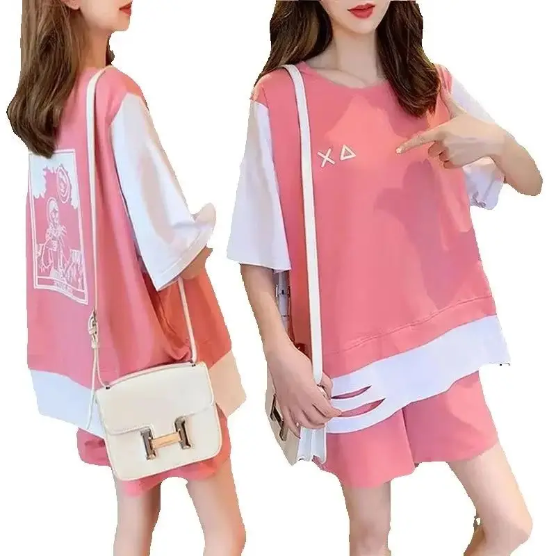 Feminino casual plus size 2 terno esportivo de duas peças verão nova camiseta solta colheita topos e shorts conjunto estudante ativo wear roupas