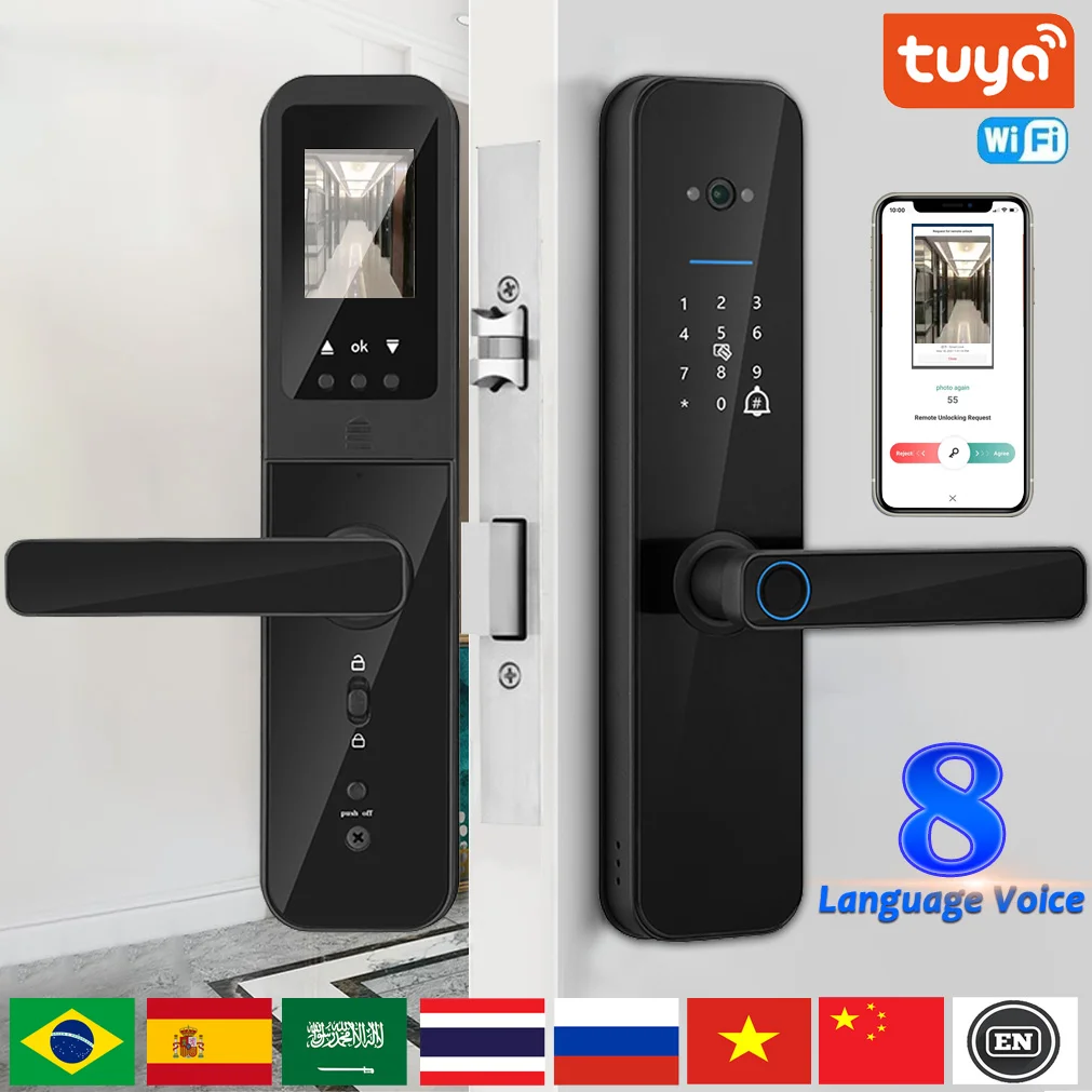 Tuya Wifi Digital Electronic Smart Door Lock With Biometric Camera Fingerprint Smart Card Password Key Unlock