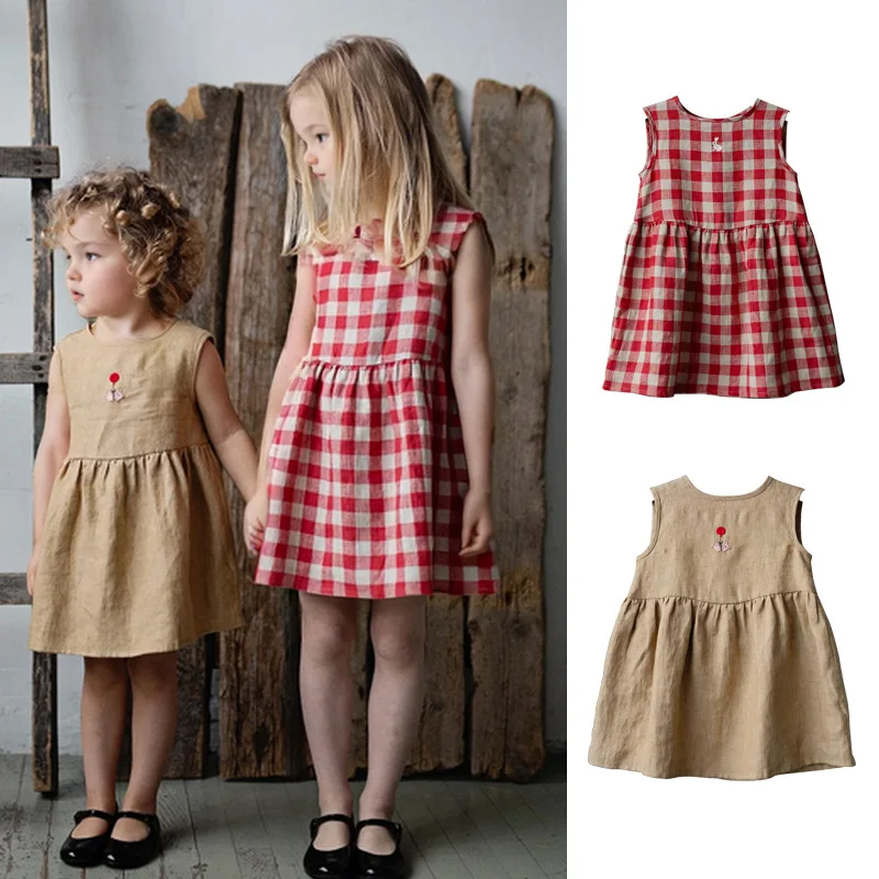 

2026Summer New Vintage Plaid Girls' Cotton Linen Dress, Country Style Loose Versatile Baby Girl Tank Dress
