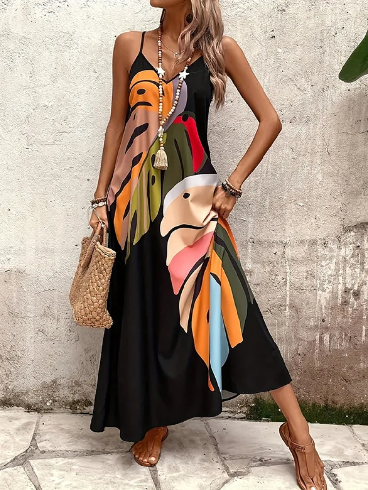 Lemongor المرأة بوهو مطبوعة السباغيتي حزام الخامس الرقبة ماكسي فساتين فضفاضة بلا أكمام عادية الخروج عطلة فستان طويل 2025 جديد