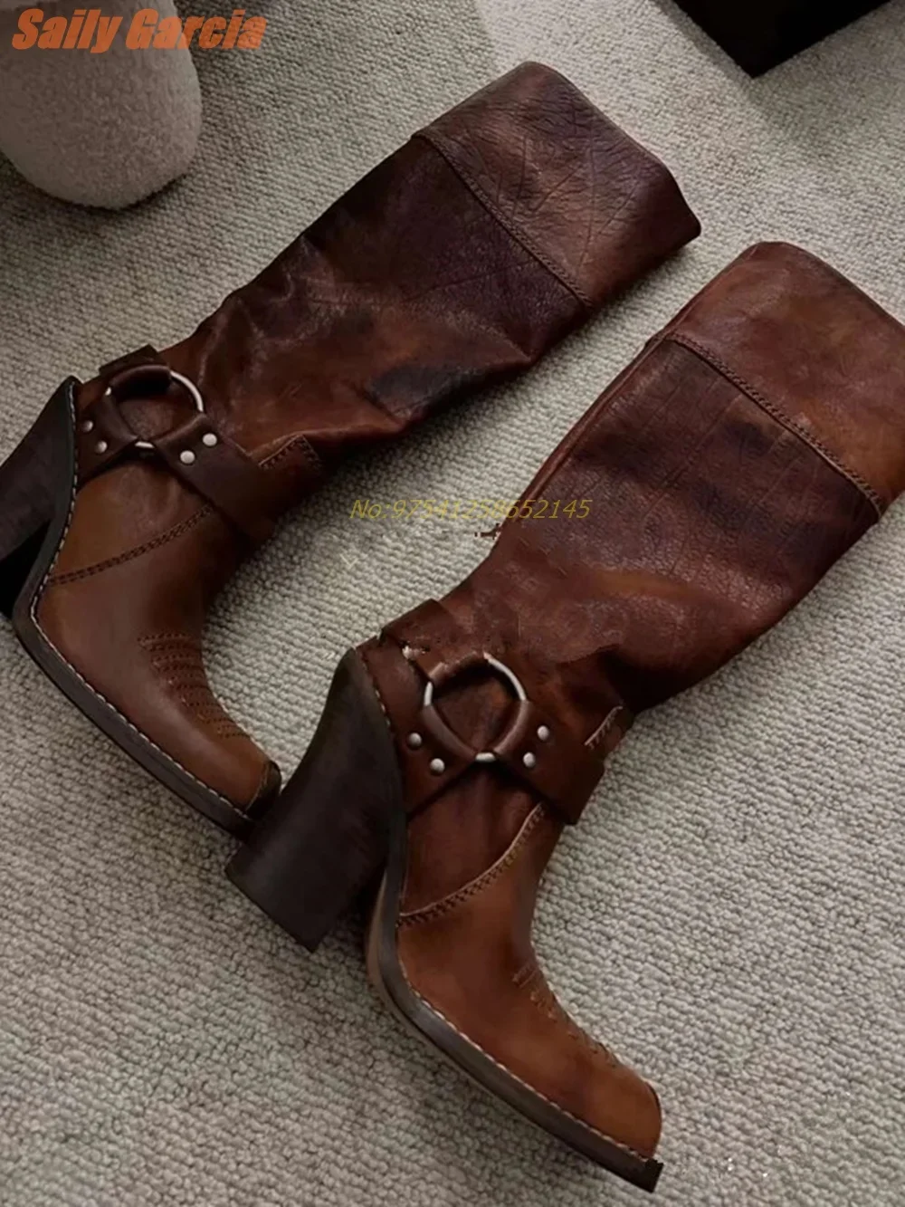 Retro Western Chunky Boots Real Leather  Square Toe Belt Buckle Knee-high Women's Boots Fashion Solid Trendy High Heels New 2024