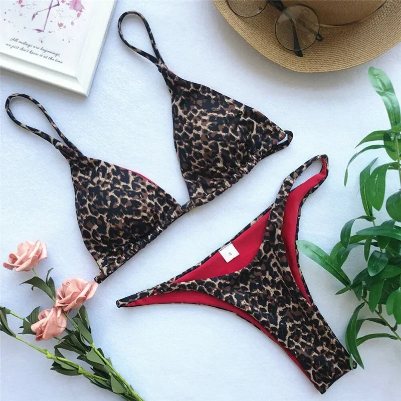 Damskie letnie bikini Set Biquinis seksowne zwierzęce wzór w cętki bandaż usztywniany biustonosz strój kąpielowy strój kąpielowy plażowe stroje