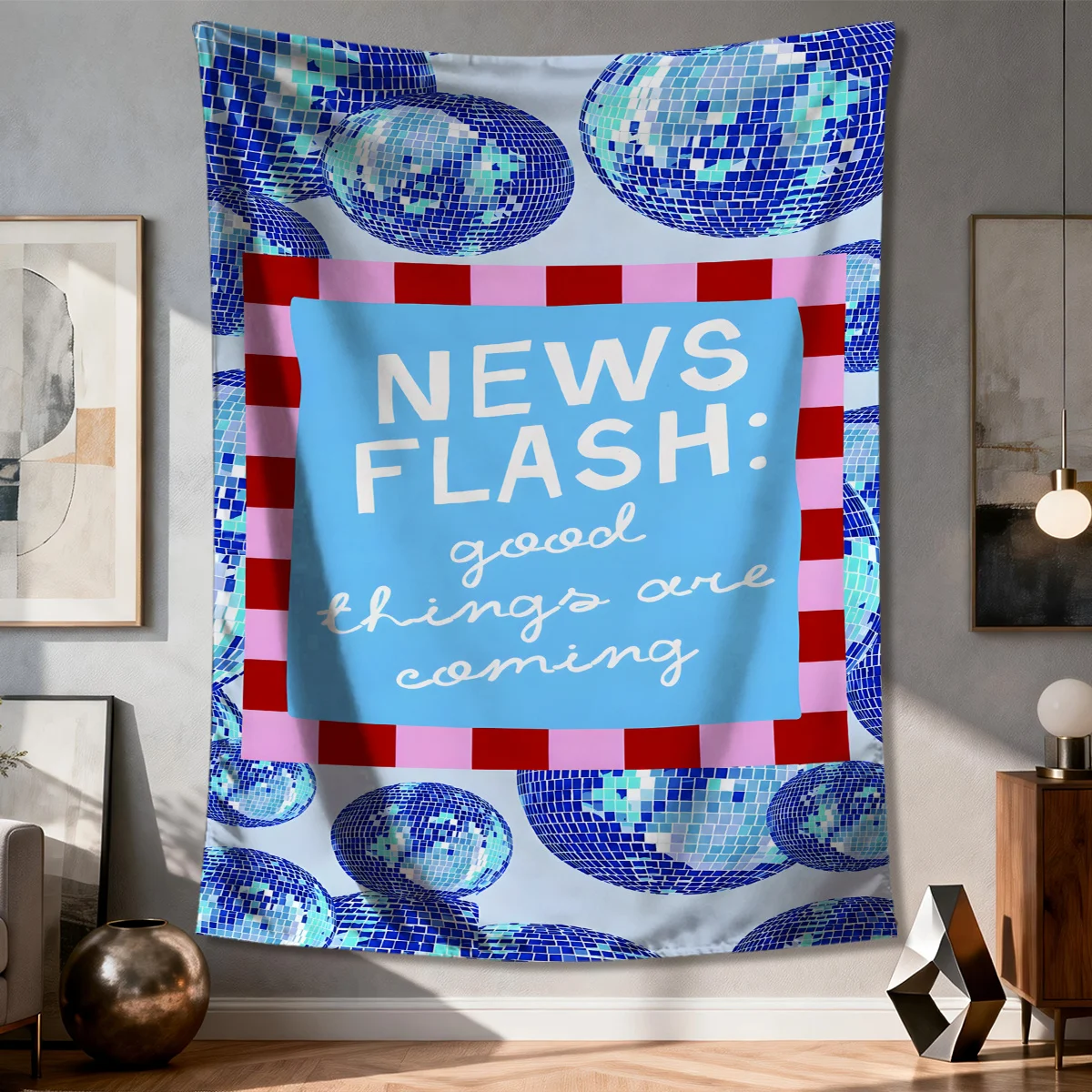 Mosaic Blue Tapestry Wall Hanging News Flash Good Things Coming Quote Decor Poster 150x300cm Boho Style Art